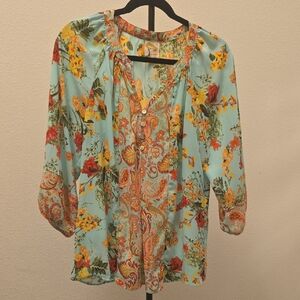 Fig and Flower Aqua Floral Paisley Blouse